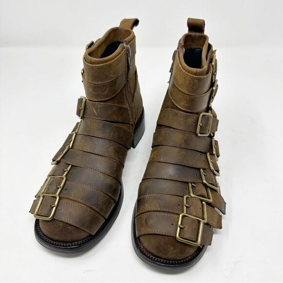 Jeffery Campbell Brown Distressed Belted Up Buckle Booties Size 7 - Picture 3 of 7